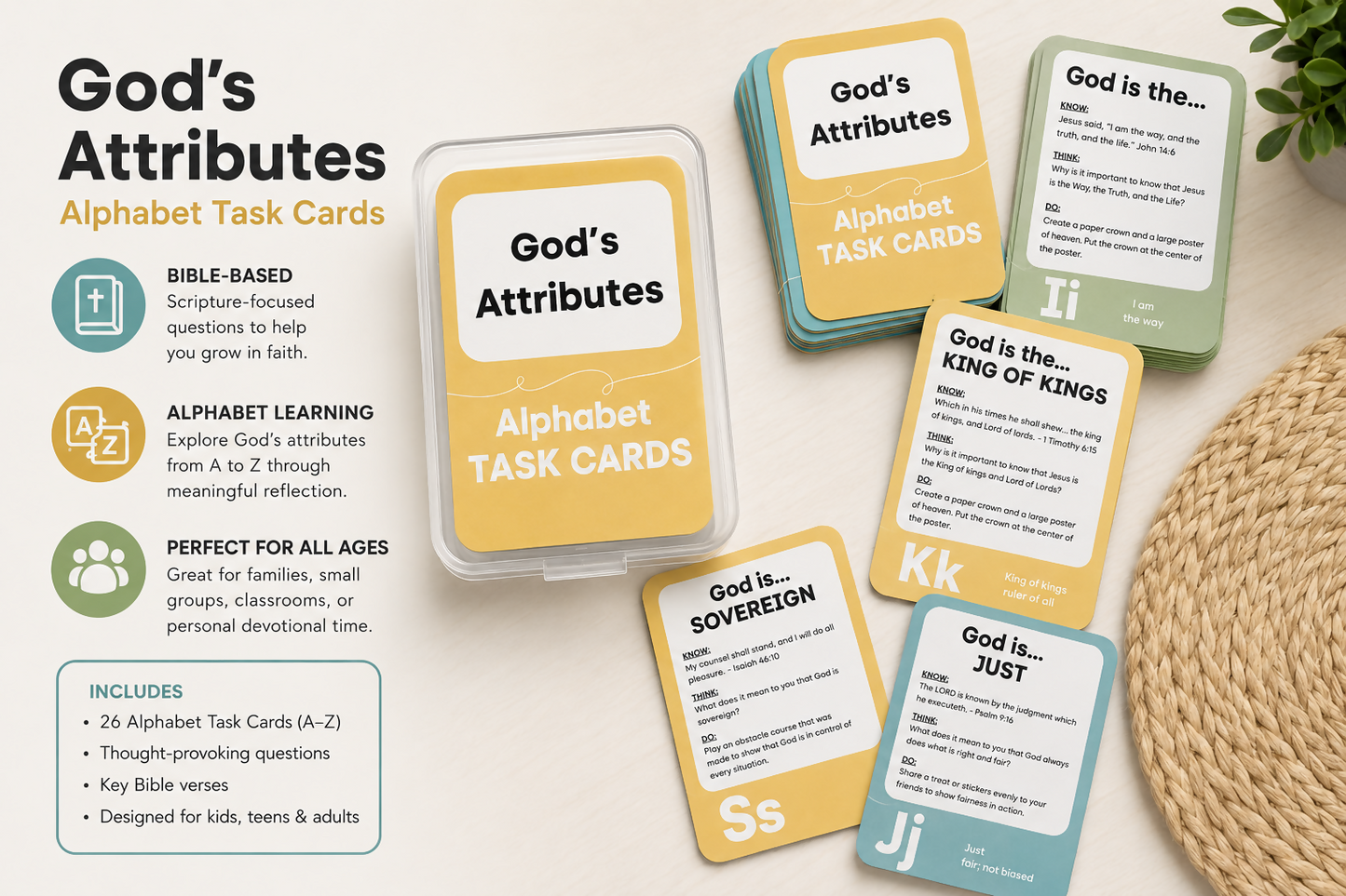 God's Attributes Alphabet Task Cards (A–Z) | Bible Learning Cards for Kids