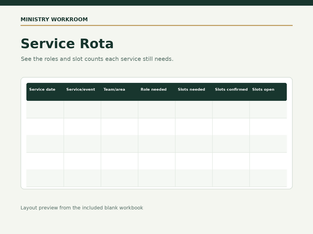 Church Admin Starter Excel Workbook: Action Log, Annual Calendar & Service Rota