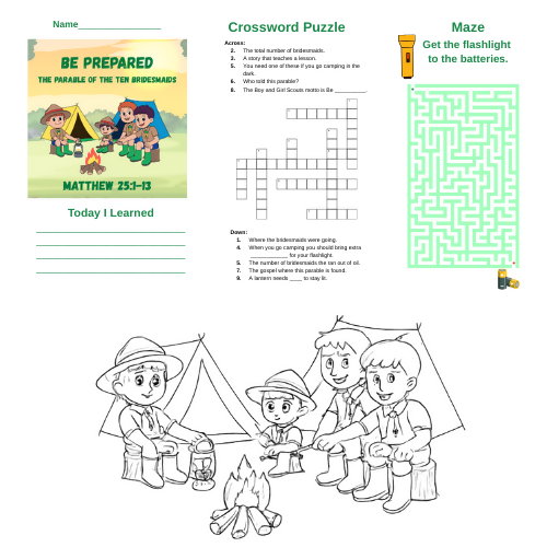 Be Prepared - Matthew 25:1-13 Parable Ten Bridesmaids - Children's Sermon/Lesson & Activity Booklet