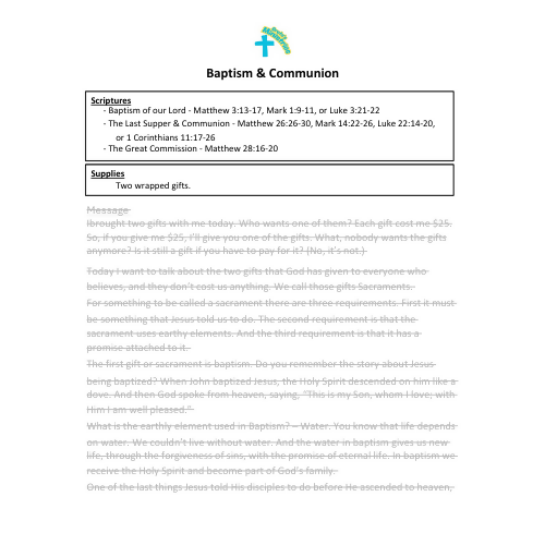 Children & Youth Sermon/Lesson/Message -Baptism & Communion -Baptism of our Lord/The Last Supper