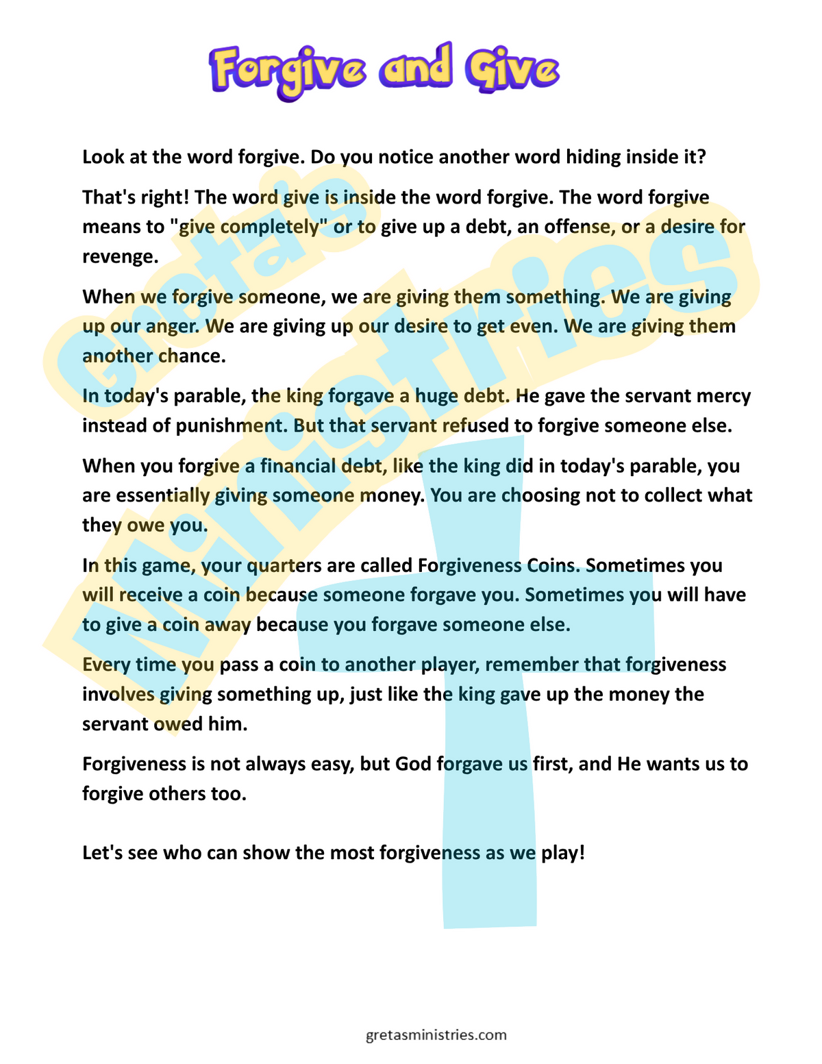 Parable Unforgiving Servant | Sunday School Lesson Plan | Forgive & Give GAME!