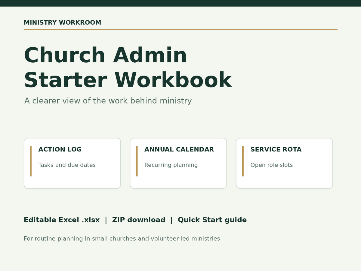 Church Admin Starter Excel Workbook: Action Log, Annual Calendar & Service Rota