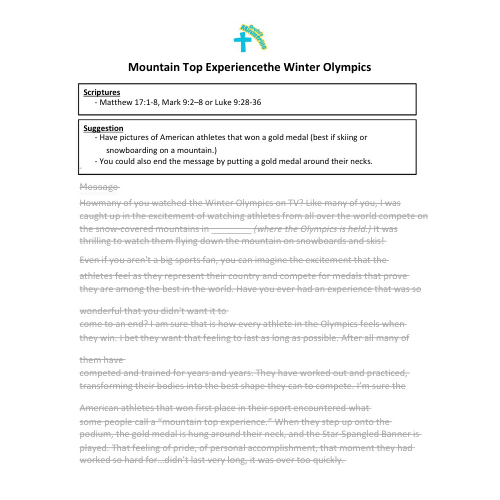 Mountain Top Experience the Winter Olympics - Transfiguration - Children & Youth Sermon & Activity Booklet