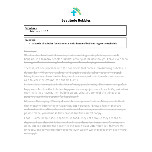 Children's Sermon & Activity booklet-Beatitude Bubbles-(Matthew 5:3-12 or Luke 6:20-23)