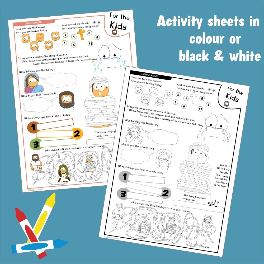 Lazarus Raised (John 11) Worksheet and Colouring