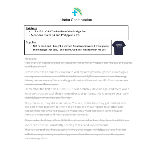 Children & Youth Sermon/Message - Under Construction - (Luke15:11–24 The Prodigal Son)