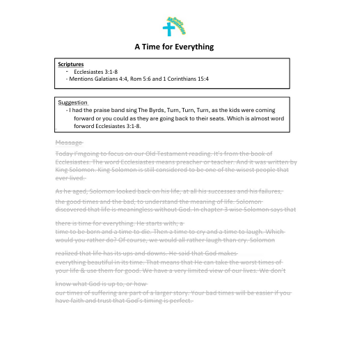 Children & Youth Sermon/Lesson/Message - A Time for Everything - Ecclesiastes 3:1-8