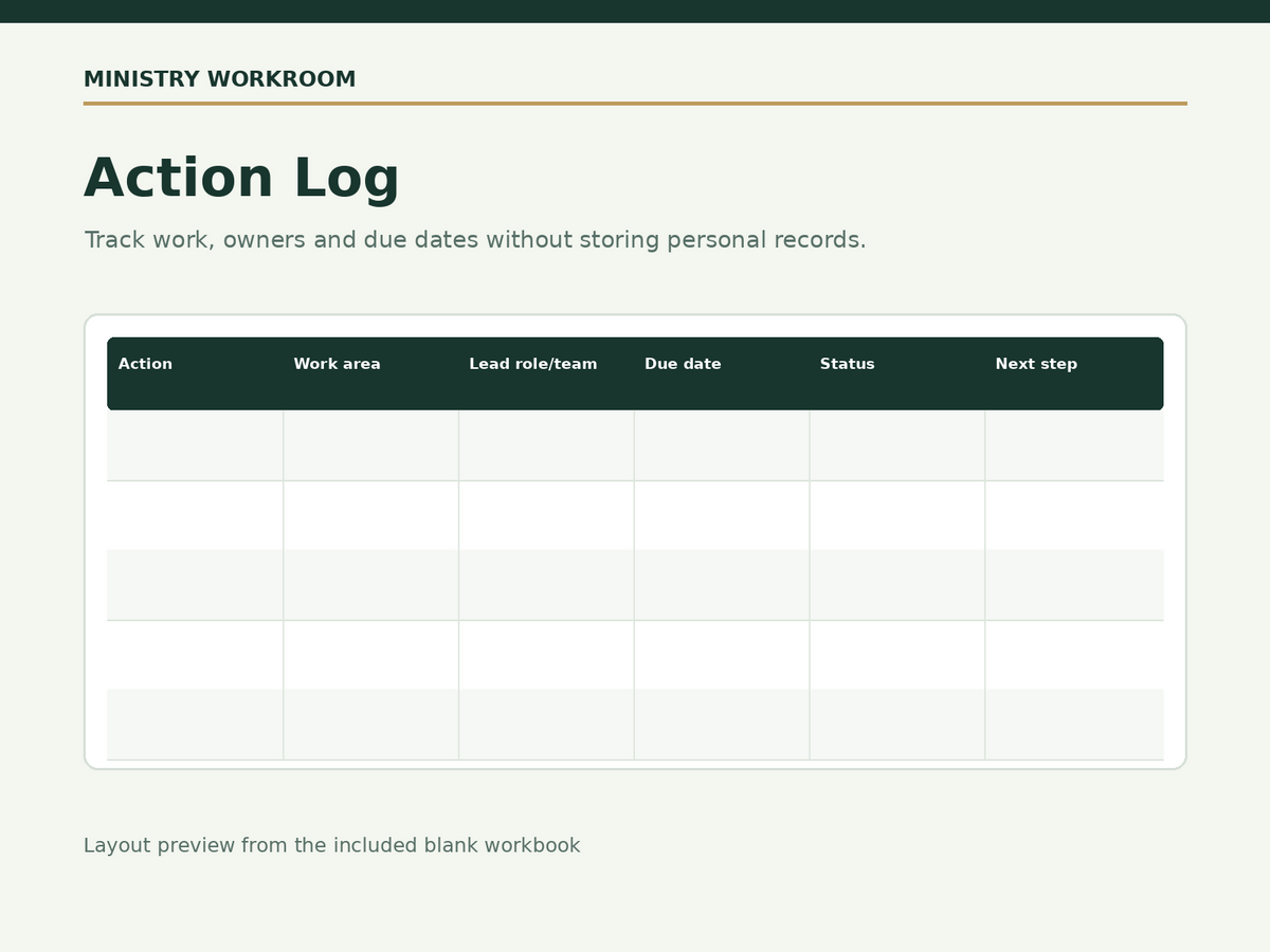 Church Admin Starter Excel Workbook: Action Log, Annual Calendar & Service Rota