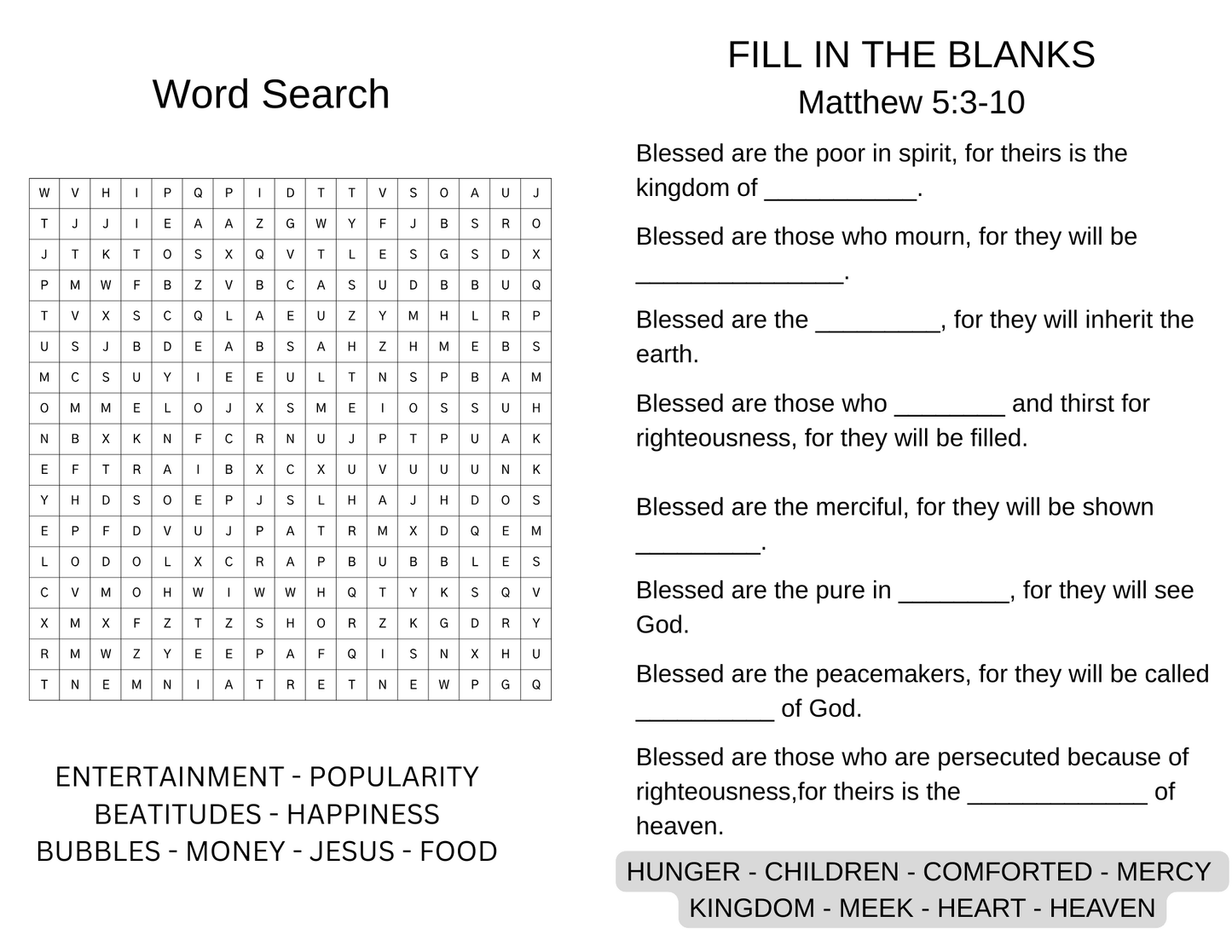 Children's Sermon & Activity booklet-Beatitude Bubbles-(Matthew 5:3-12 or Luke 6:20-23)