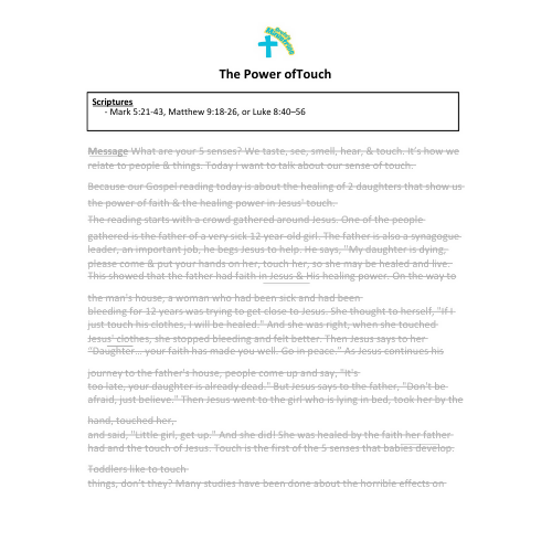 Children & Youth Sermon - The Power of Touch (Mark 5:21-43, Matthew 9:18-26, or Luke 8:40–56)