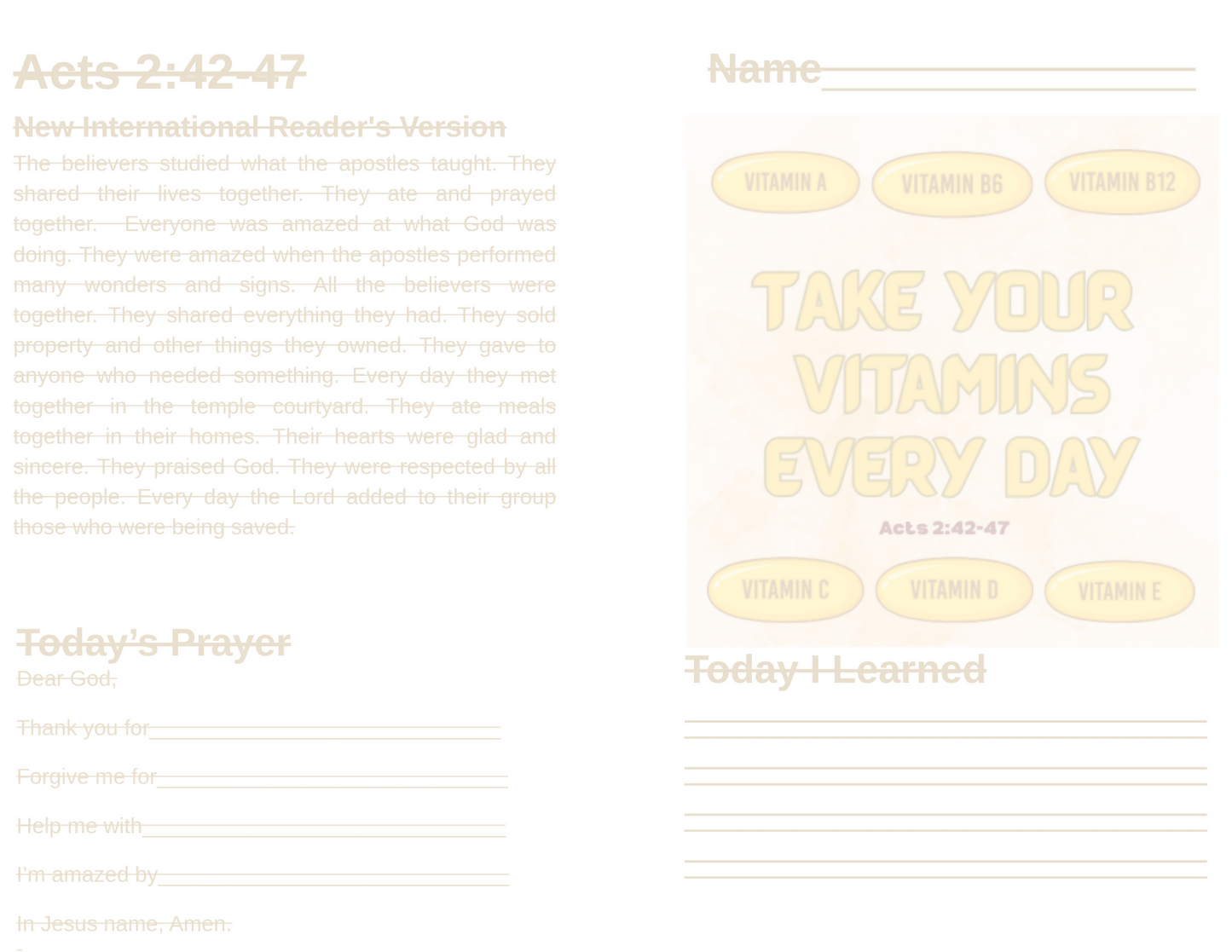 Take Your Vitamins Every Day (Acts 2:42–47) - Children's Sermon/Lesson and Activity Booklet