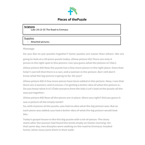 Pieces of the Puzzle - Luke 24:13-35 The Road to Emmaus - Children's Sermon/Lesson & Activity Book