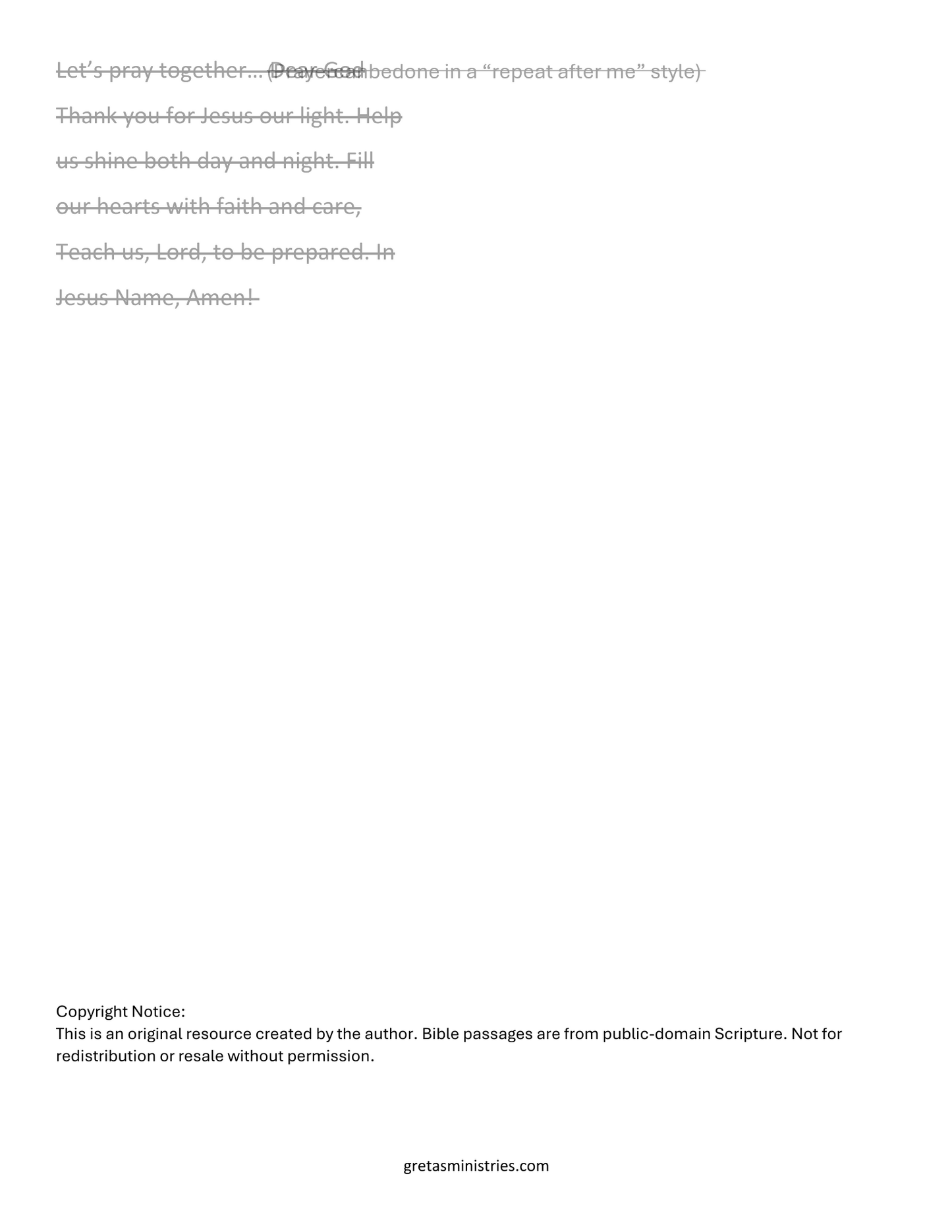 Be Prepared - Matthew 25:1-13 Parable Ten Bridesmaids - Children's Sermon/Lesson & Activity Booklet