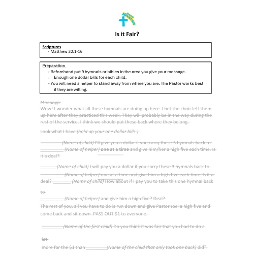 Children's Sermon - Is It Fair? (Matthew 20:1-16)