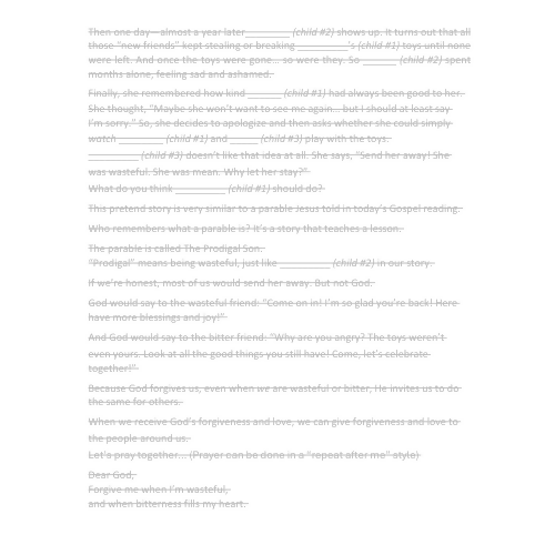 Children's sermon/message/lesson -A Lesson on Wastefulness - Luke 15:11–32 - The Prodigal Son