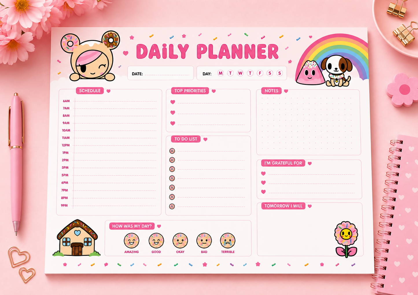 Donut Worry Kawaii Stationery Set Printable Digital Planner Pages, Cute Donut Journal Paper, Weekly Planner, Daily Planner, and Writing Sheets