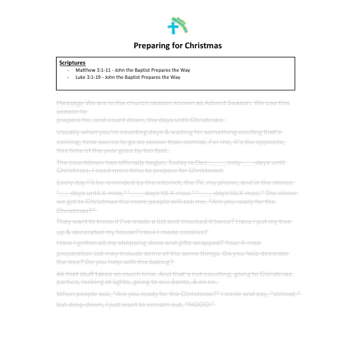 Children & Youth Sermon -"Preparing for Christmas" (Matthew 3:1-11/Luke 3:1-19)