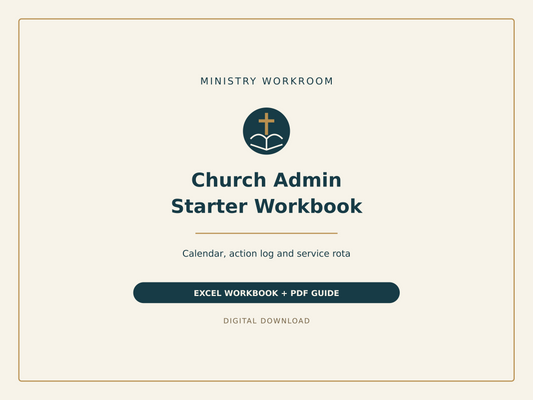 Church Admin Starter Workbook by Ministry Workroom: editable Excel calendar, action log and service rota with a Quick Start guide.