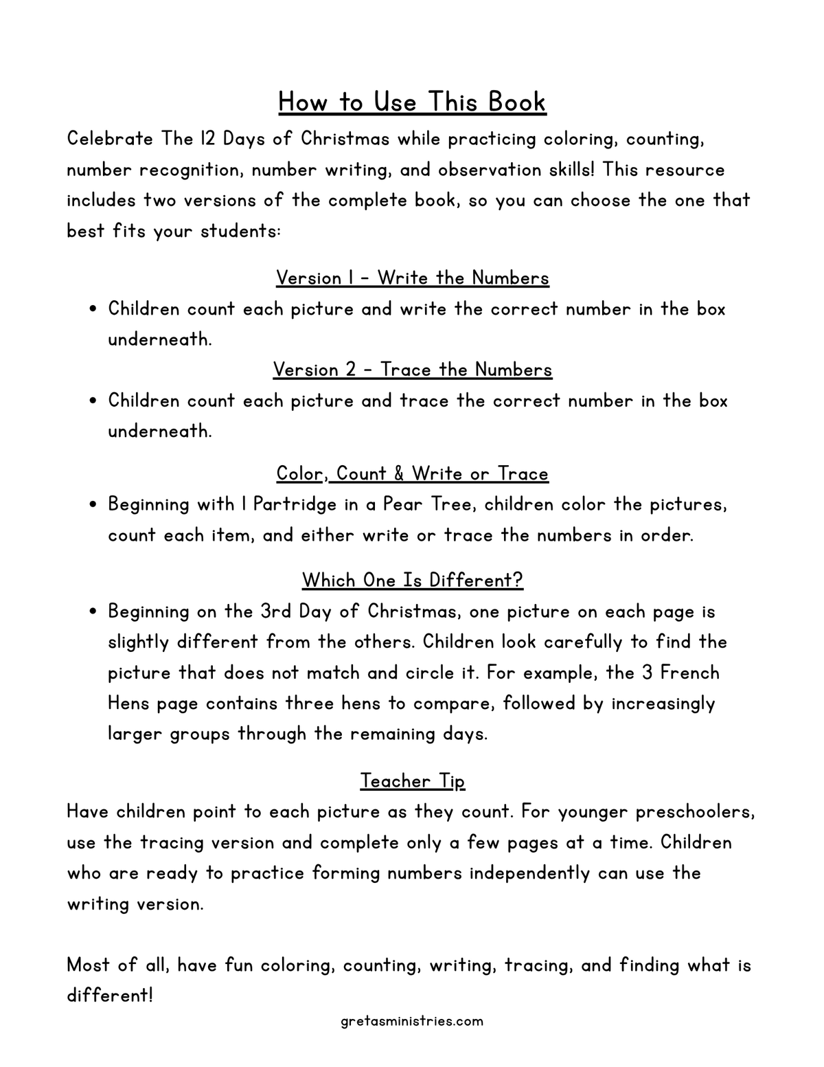 The 12 Days of Christmas – Preschool Coloring, Counting & Number Practice