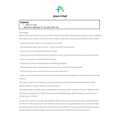 Children & Youth Sermon/Lesson and Activity Booklet - Jesus Cried - (John 11:1-45)