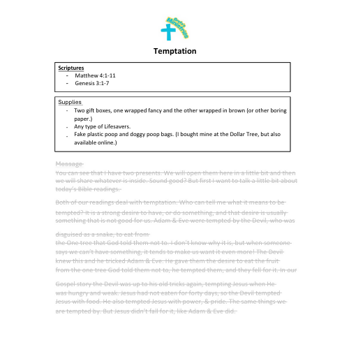 Children & Youth Sermon/Message & activity booklet - Temptation- (Matthew 4:1-11 & Genesis 3:1-7)