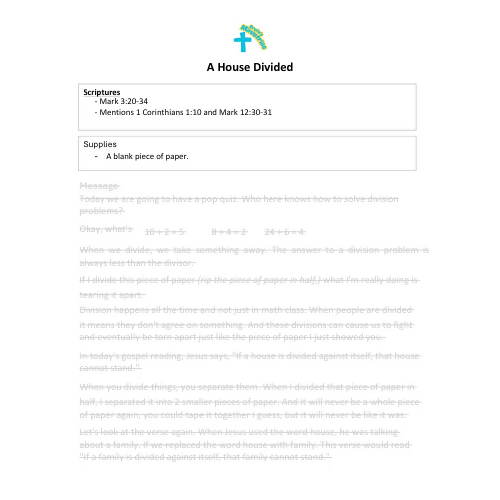 Children's sermon/message - A House Divided (Mark 3:20-34)