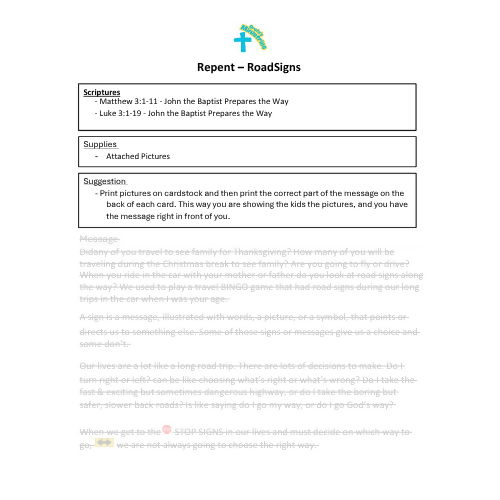 Children & Youth Sermon - Repent - Road Signs