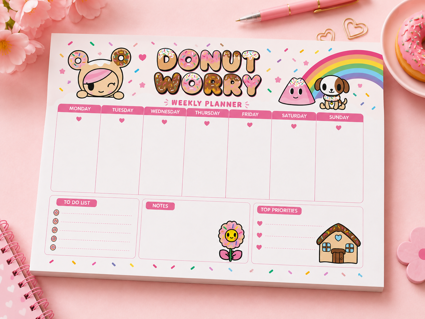 Donut Worry Kawaii Stationery Set Printable Digital Planner Pages, Cute Donut Journal Paper, Weekly Planner, Daily Planner, and Writing Sheets