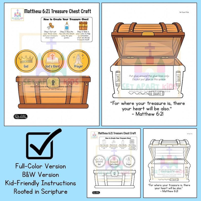 Matthew 6:21 Treasure Chest Bible Craft for Kids | Sunday School Treasure Activity | Christian Printable