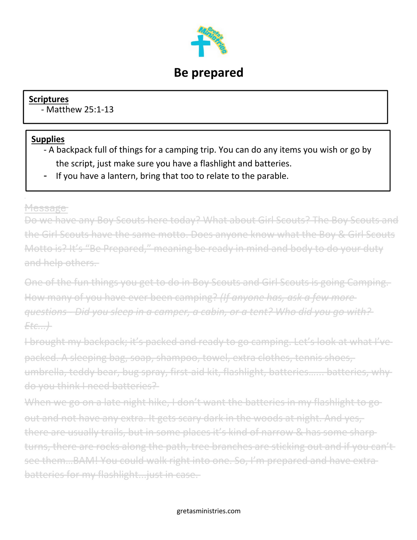 Be Prepared - Matthew 25:1-13 Parable Ten Bridesmaids - Children's Sermon/Lesson & Activity Booklet