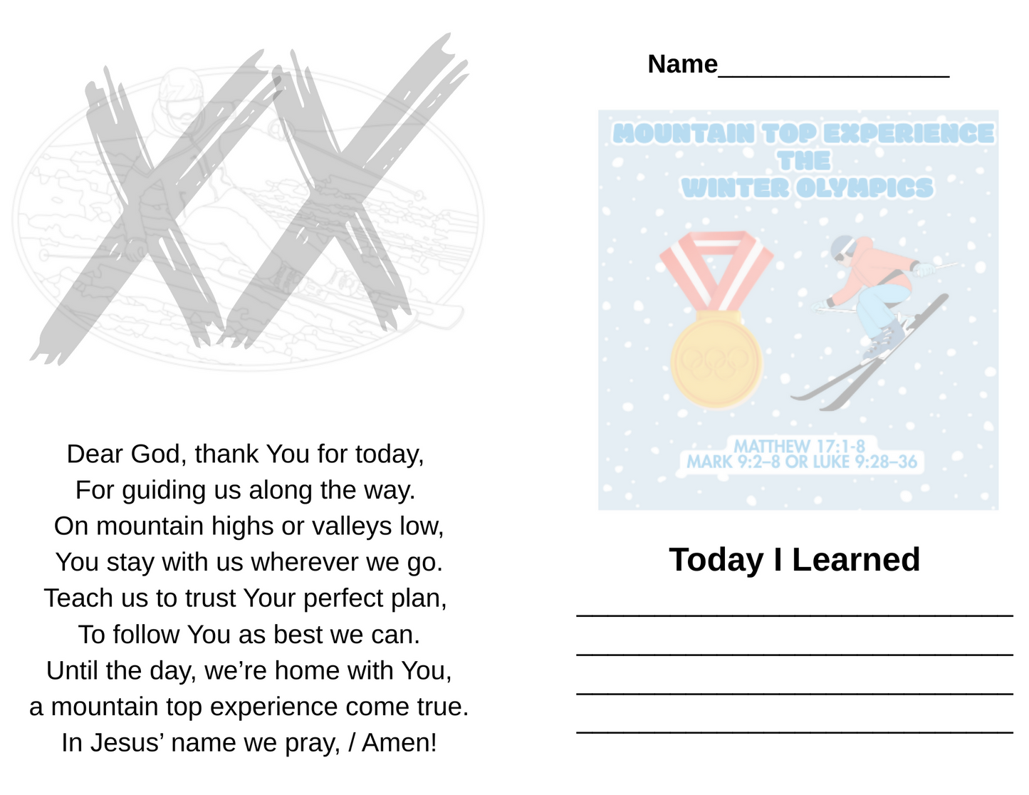 Mountain Top Experience the Winter Olympics - Transfiguration - Children & Youth Sermon & Activity Booklet