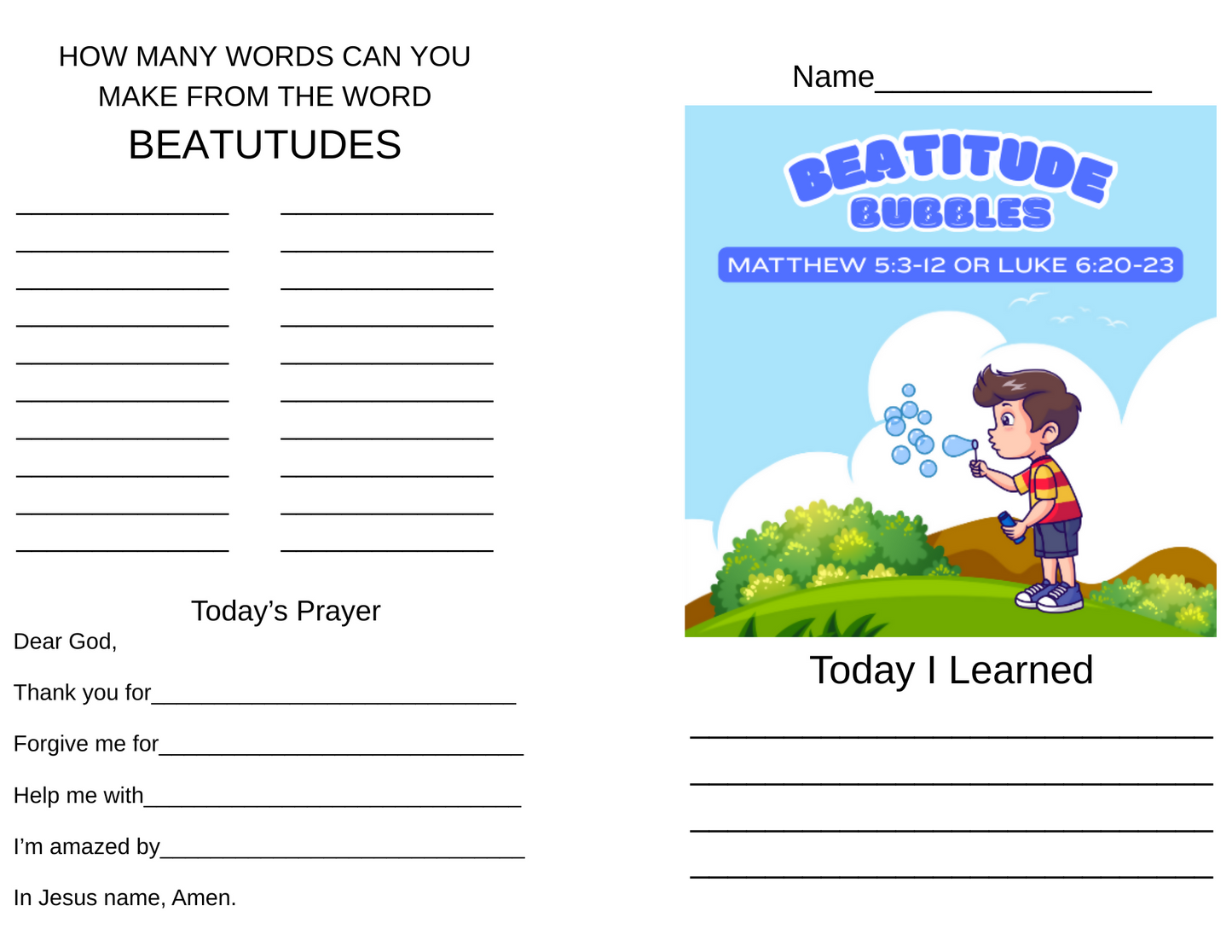 Children's Sermon & Activity booklet-Beatitude Bubbles-(Matthew 5:3-12 or Luke 6:20-23)