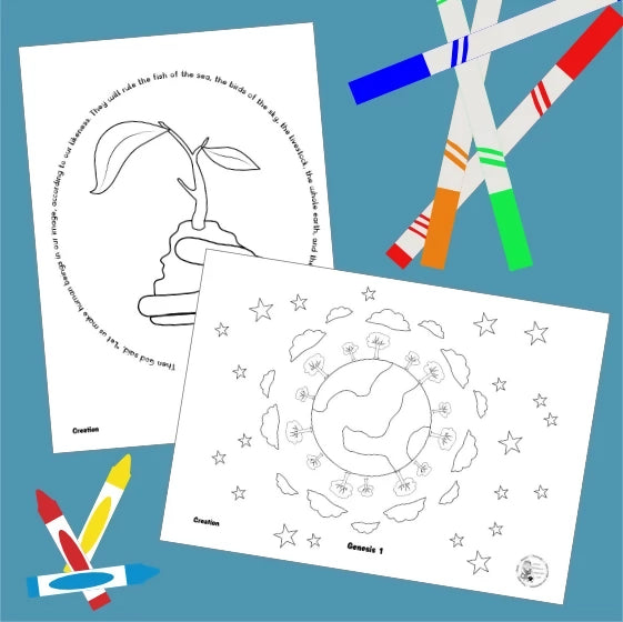 Creation (Genesis 1) Kidmin lesson with crafts and colouring