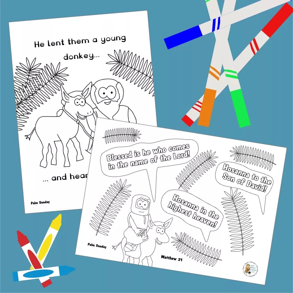 Palm Sunday (Matthew 21) Kidmin lesson with crafts and colouring