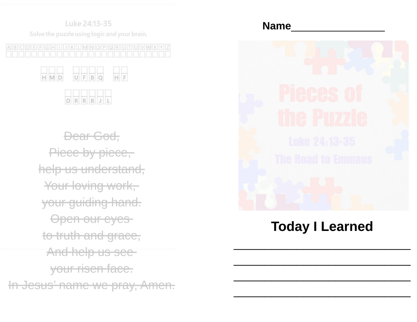 Pieces of the Puzzle - Luke 24:13-35 The Road to Emmaus - Children's Sermon/Lesson & Activity Book