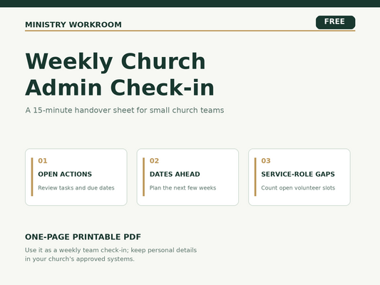 Free Weekly Church Admin Check-in: one-page A4 printable checklist for open actions, dates ahead and service-role gaps.