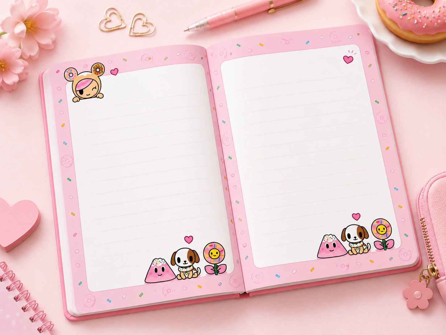 Donut Worry Kawaii Stationery Set Printable Digital Planner Pages, Cute Donut Journal Paper, Weekly Planner, Daily Planner, and Writing Sheets