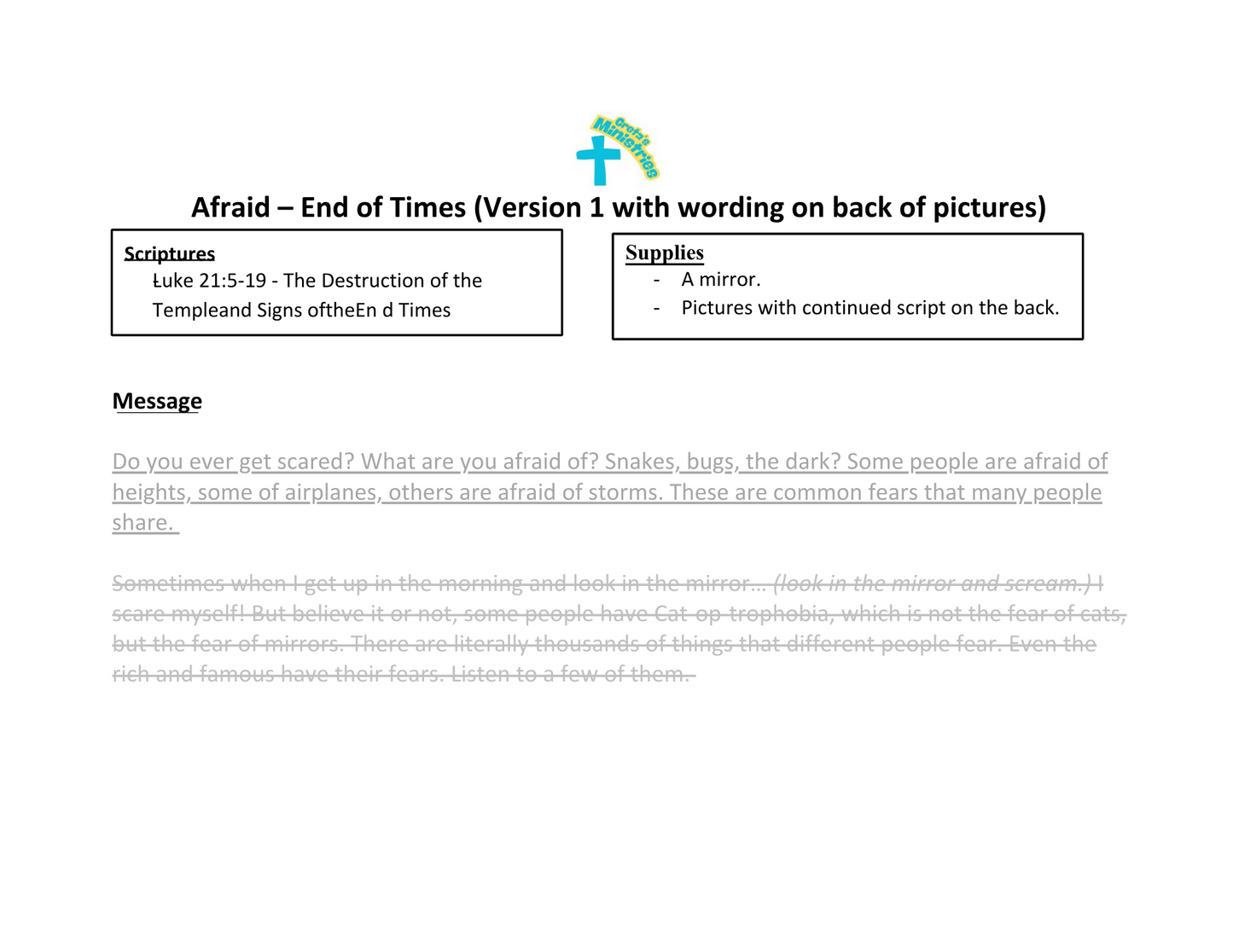 Christian Children and Youth Sermon - Afraid – End of Times (Luke 21:5-19)