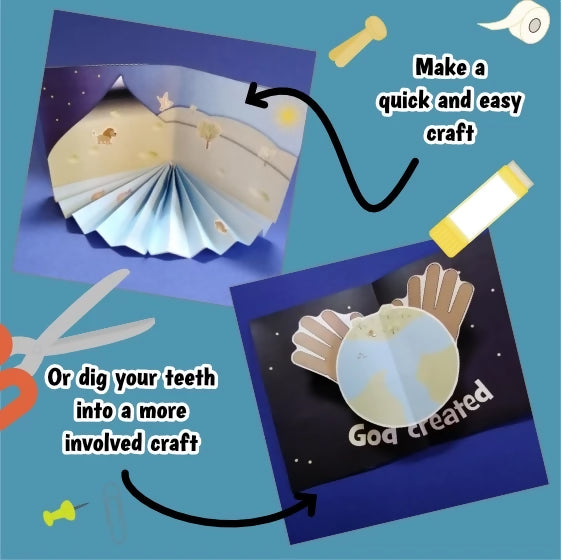Creation (Genesis 1) Kidmin lesson with crafts and colouring