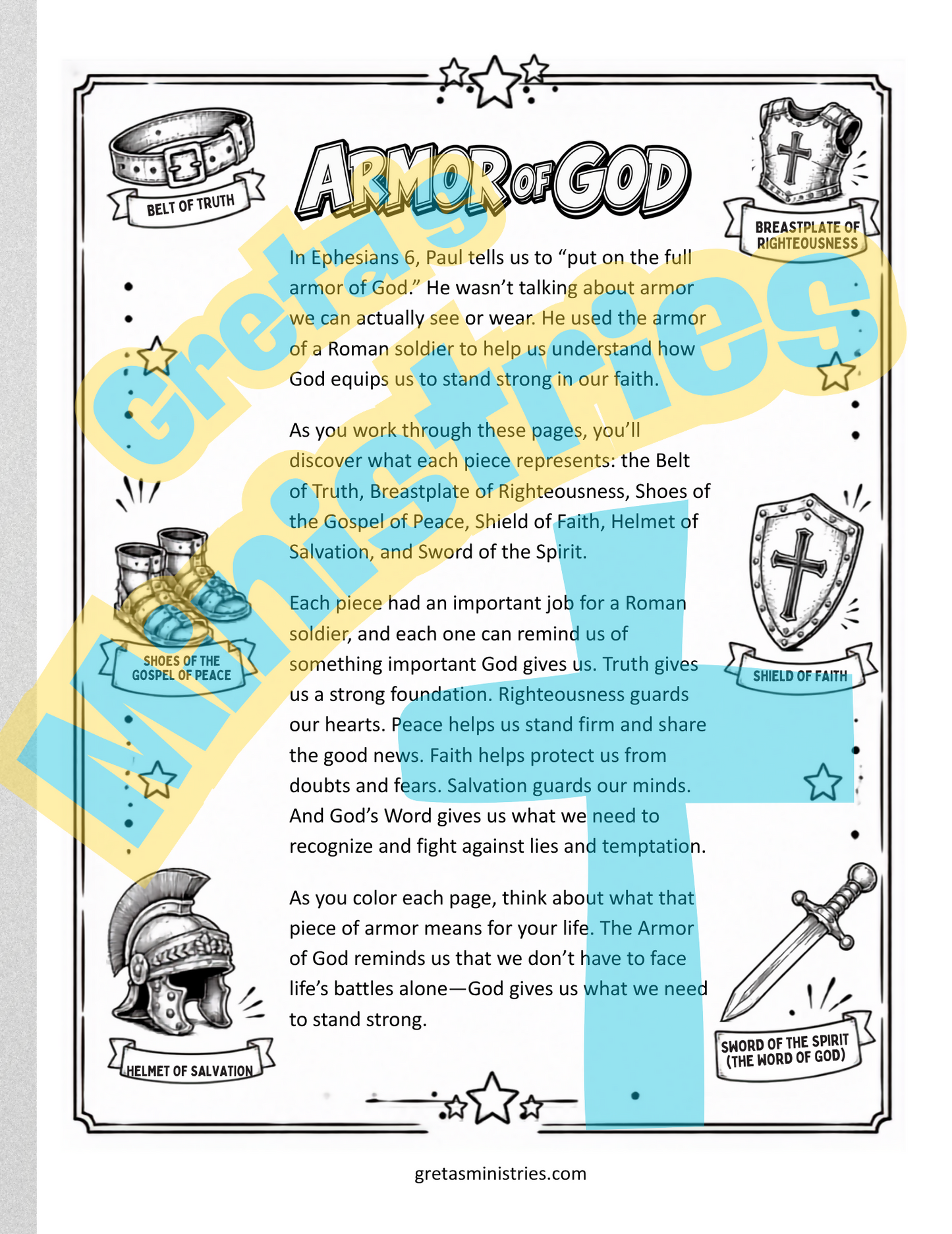 Armor of God Coloring Pages for Teens | Ephesians 6:10-17 Bible Study | 7 Pages