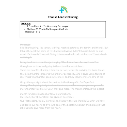 Thanksgiving Children and Youth Sermon - "Thanks Leads to Giving"